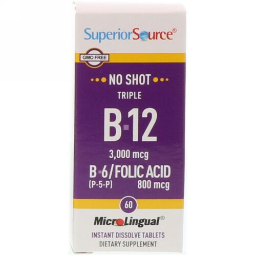 Superior Source, トリプルB-12、B-6 [P-5-P] / 葉酸、3000mcg / 800mcg、すぐ溶けるマイクロリンガル錠剤60錠 (Discontinued Item)